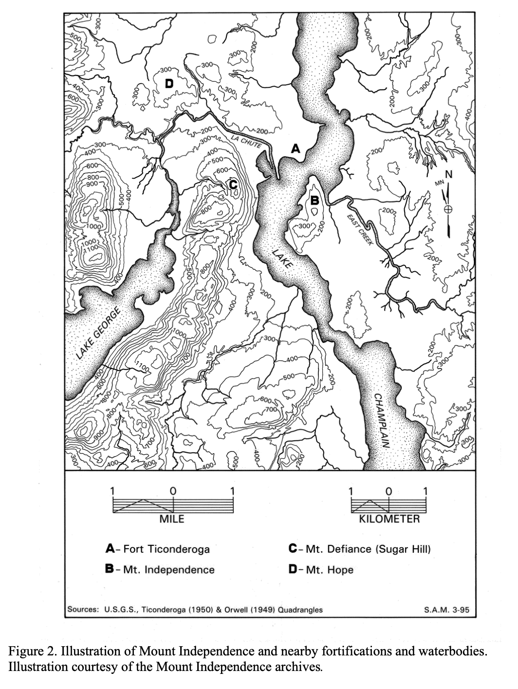 Illustration of Mount Independence and nearby fortifications and waterbodies, courtesy of the Historic Sites Vermont government webpage.
